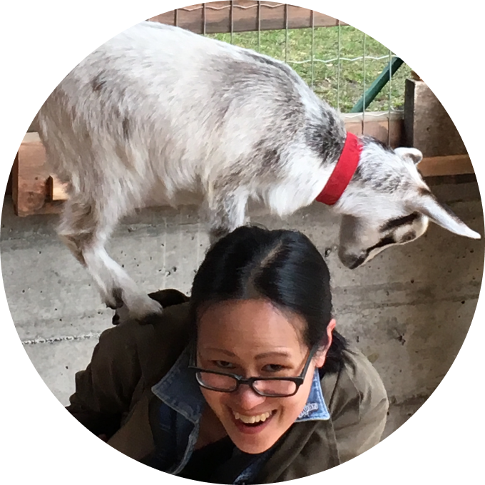Photo of a baby goat perched on the back of a delighted woman