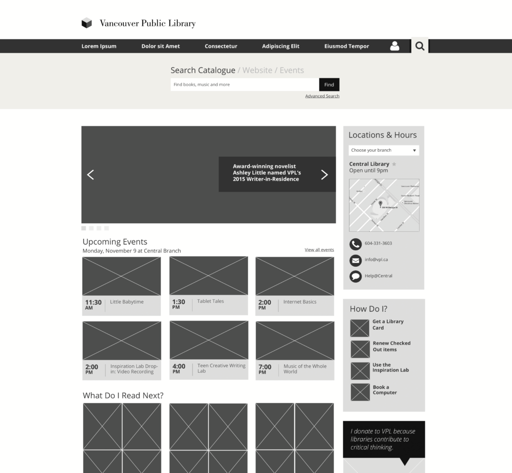 Cropped screenshot of a black and white wireframe for the Vancouver Public Library home page.