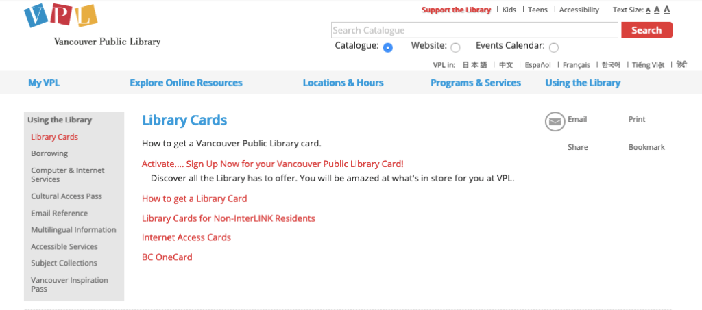 Screenshot of the old Vancouver Public Library website's "Library Cards" page, with 5 red hyperlinks to "Activate - Sign Up Now for your Vancouver Public Library Card", "How to Get a Library Card", "Library Cards for Non-InterLINK Residents", "Internet Access Cards", and "BC OneCard"